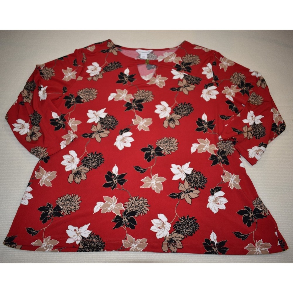 Liz Claiborne Top Red/Beige Floral 3/4 Slv Polyester Knit Top ~ Plus Size XXL